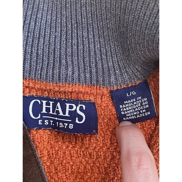 Chaps Ralph Lauren Sz L Mens Mock Neck Orange Henley Sweater With Elbow Patches - Picture 6 of 8
